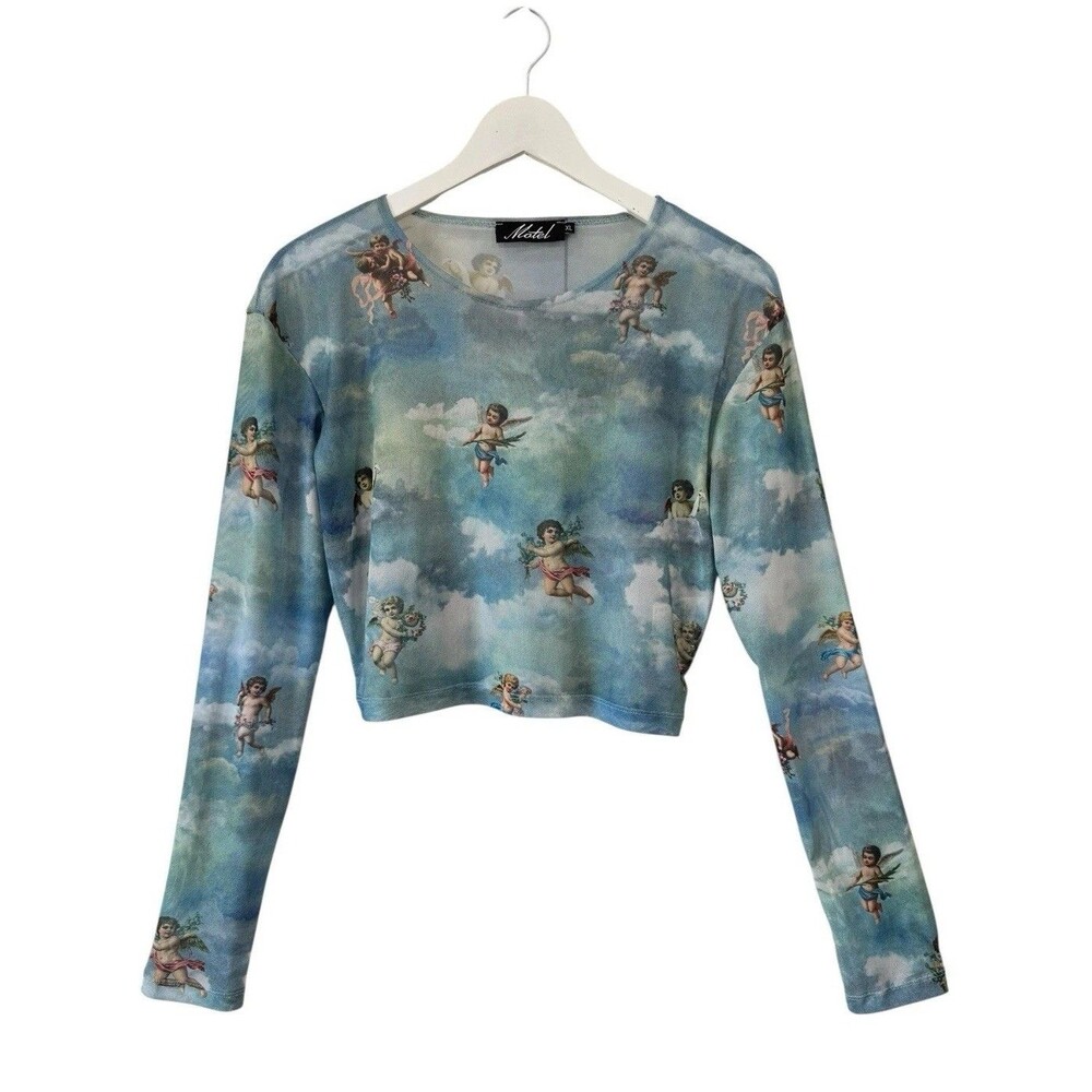 Y2K UO Motel Rocks Blue Mesh Cherub Print Long Sleeve Top Sheer Angel Clouds XL